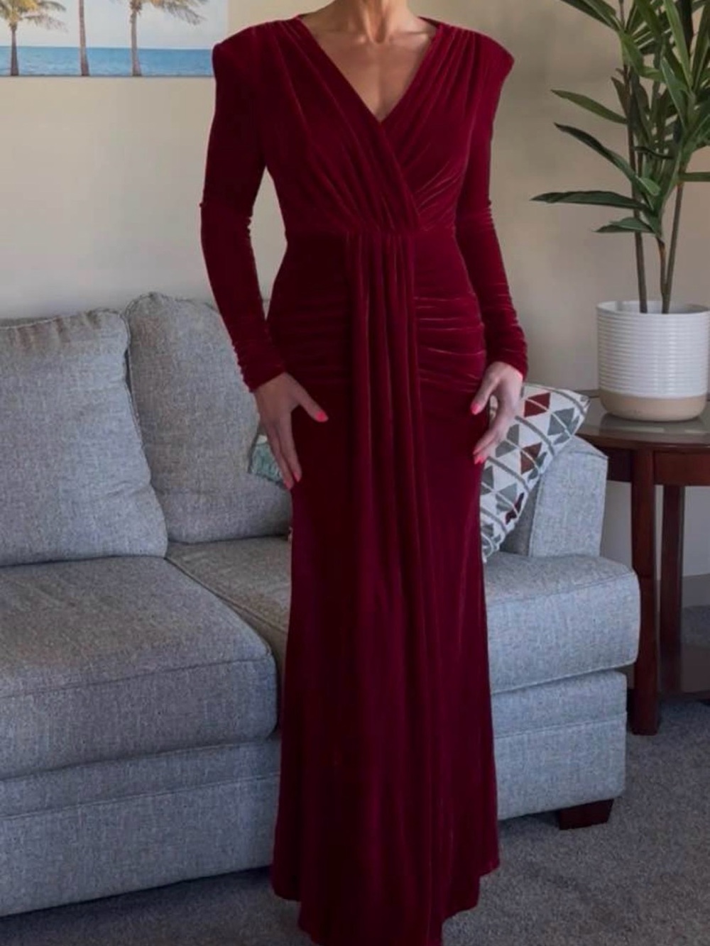 Elegant V-Neck Long Sleeve Velvet Gown - Burgundy
